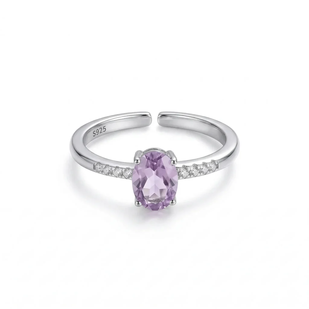 Stunning Ethereal Purple Amethyst Ring featuring a light misty violet gemstone in a multi-prong S925 sterling silver adjustable setting.