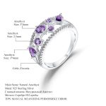 Technical gemstone specification chart for the 'Flourish' Luxury Amethyst and Sapphire Ring, detailing the 3*4mm natural amethyst sizes and S925 metal purity.