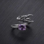 Majestic Geometric Amethyst Ring featuring a natural cushion-cut stone and an intricate oxidized 925 silver dragon scale band.