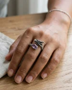 Majestic Geometric Amethyst Ring featuring a natural cushion-cut stone and an intricate oxidized 925 silver dragon scale band.