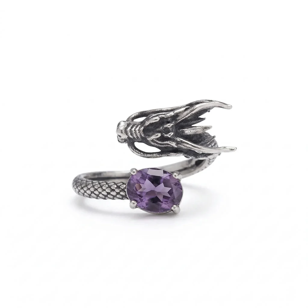 Majestic Geometric Amethyst Ring featuring a natural cushion-cut stone and an intricate oxidized 925 silver dragon scale band.