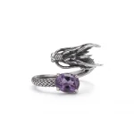Majestic Geometric Amethyst Ring featuring a natural cushion-cut stone and an intricate oxidized 925 silver dragon scale band.