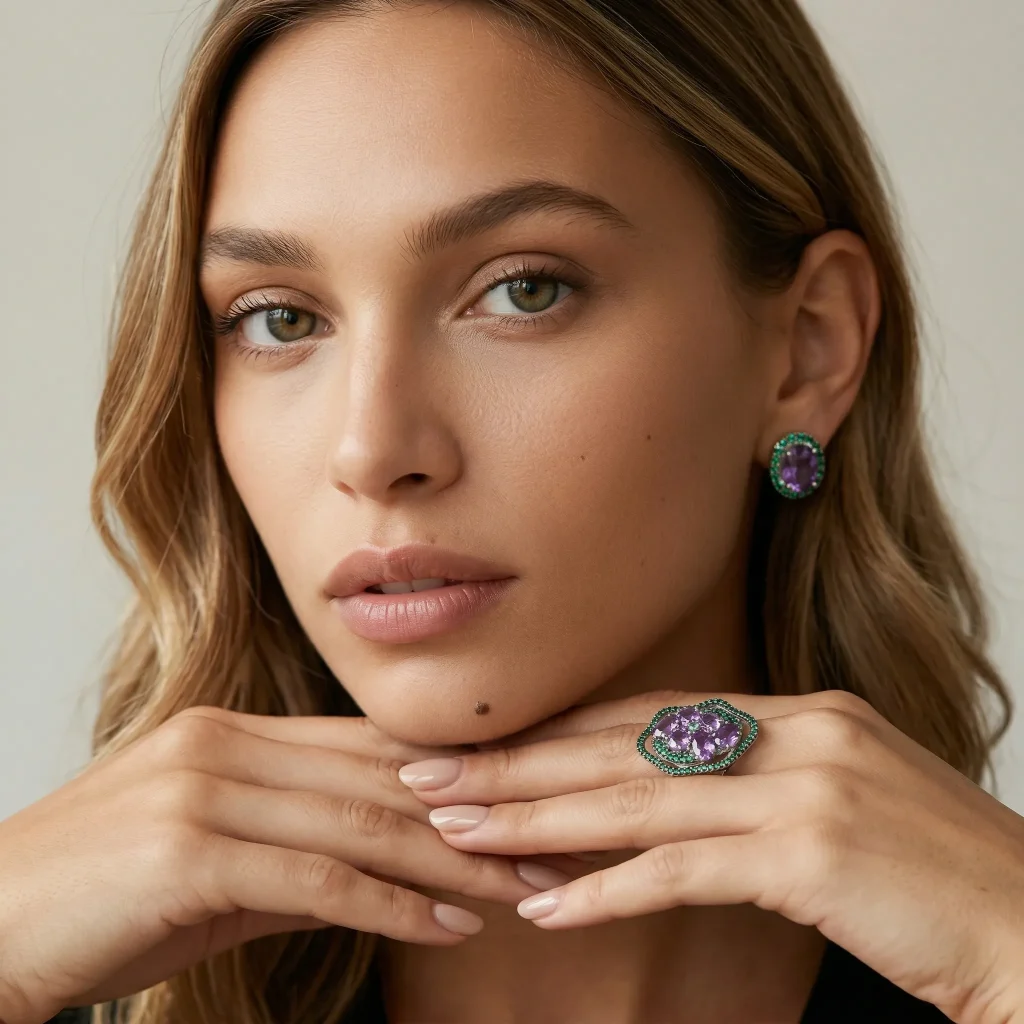 High-fashion model wearing the Grand Sovereign Heirloom Amethyst Ring, demonstrating its commanding visual presence and royal statement scale.