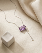 Violet Glaze Emerald Cut Amethyst Y-Necklace in 925 Silver