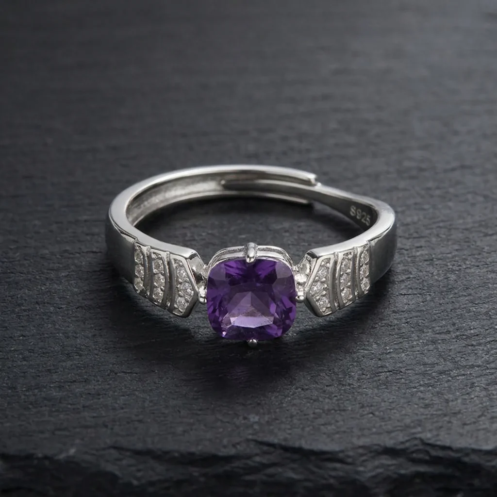 Stunning Minimalist Amethyst Ring featuring a natural cushion-cut violet stone in a dainty S925 sterling silver adjustable stackable band.