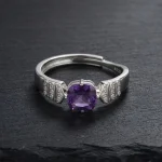 Stunning Minimalist Amethyst Ring featuring a natural cushion-cut violet stone in a dainty S925 sterling silver adjustable stackable band.