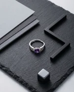 Stunning Minimalist Amethyst Ring featuring a natural cushion-cut violet stone in a dainty S925 sterling silver adjustable stackable band.