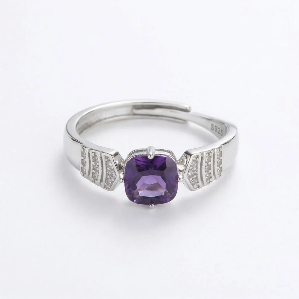 Stunning Minimalist Amethyst Ring featuring a natural cushion-cut violet stone in a dainty S925 sterling silver adjustable stackable band.