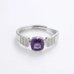 Stunning Minimalist Amethyst Ring featuring a natural cushion-cut violet stone in a dainty S925 sterling silver adjustable stackable band.