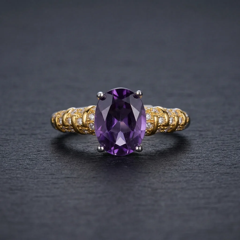 Modernist Amethyst Ring featuring a natural oval crystal elevated in a high-prong 925 sterling silver adjustable setting.
