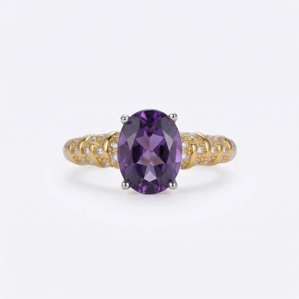 Modernist Amethyst Ring featuring a natural oval crystal elevated in a high-prong 925 sterling silver adjustable setting.