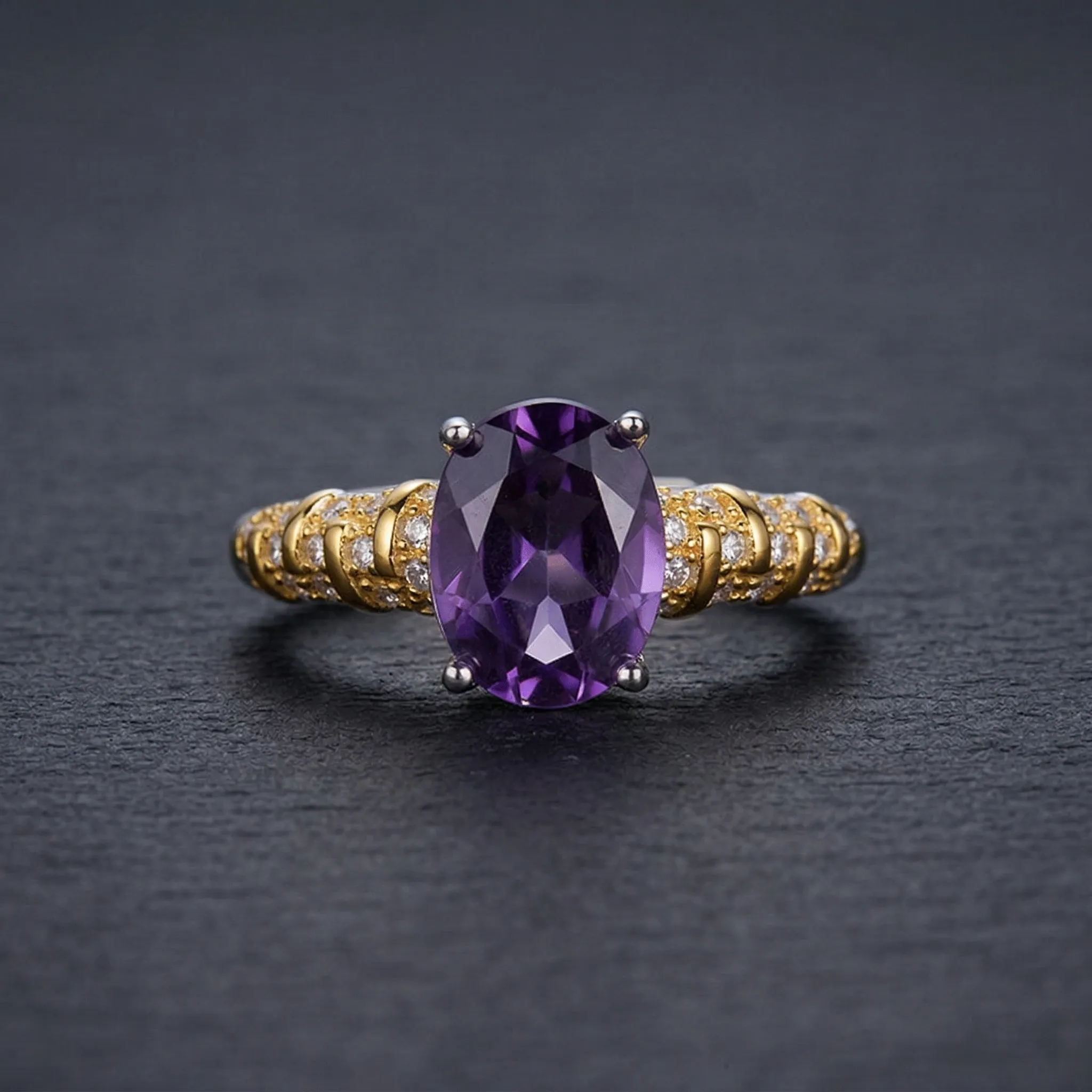 Modernist Amethyst Ring featuring a natural oval crystal elevated in a high-prong 925 sterling silver adjustable setting.