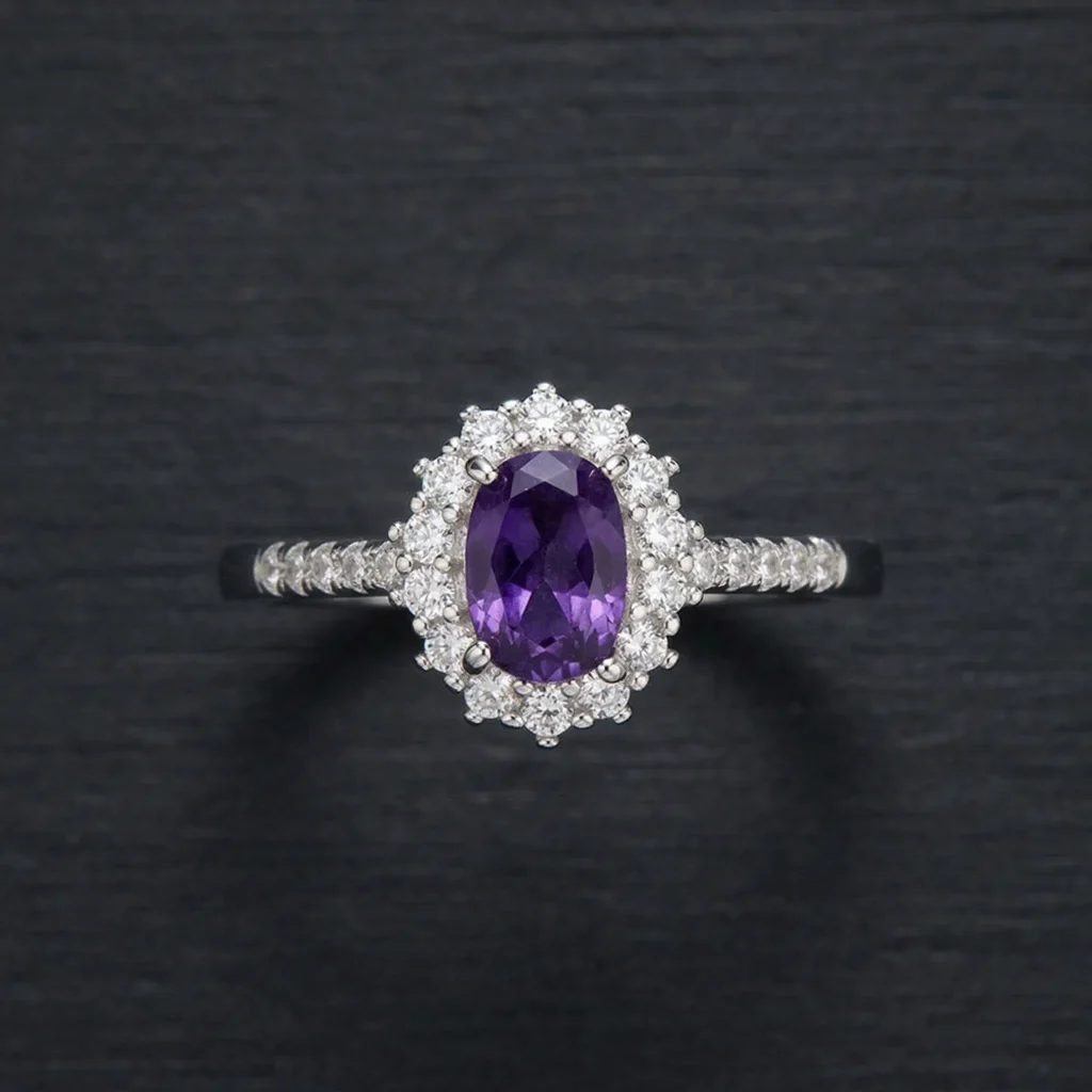Stunning Natural Amethyst Healing Ring featuring a pear-cut teardrop gemstone in a micro-pave 925 silver halo setting.