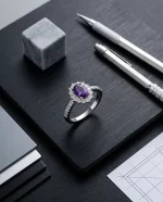 Stunning Natural Amethyst Healing Ring featuring a pear-cut teardrop gemstone in a micro-pave 925 silver halo setting.