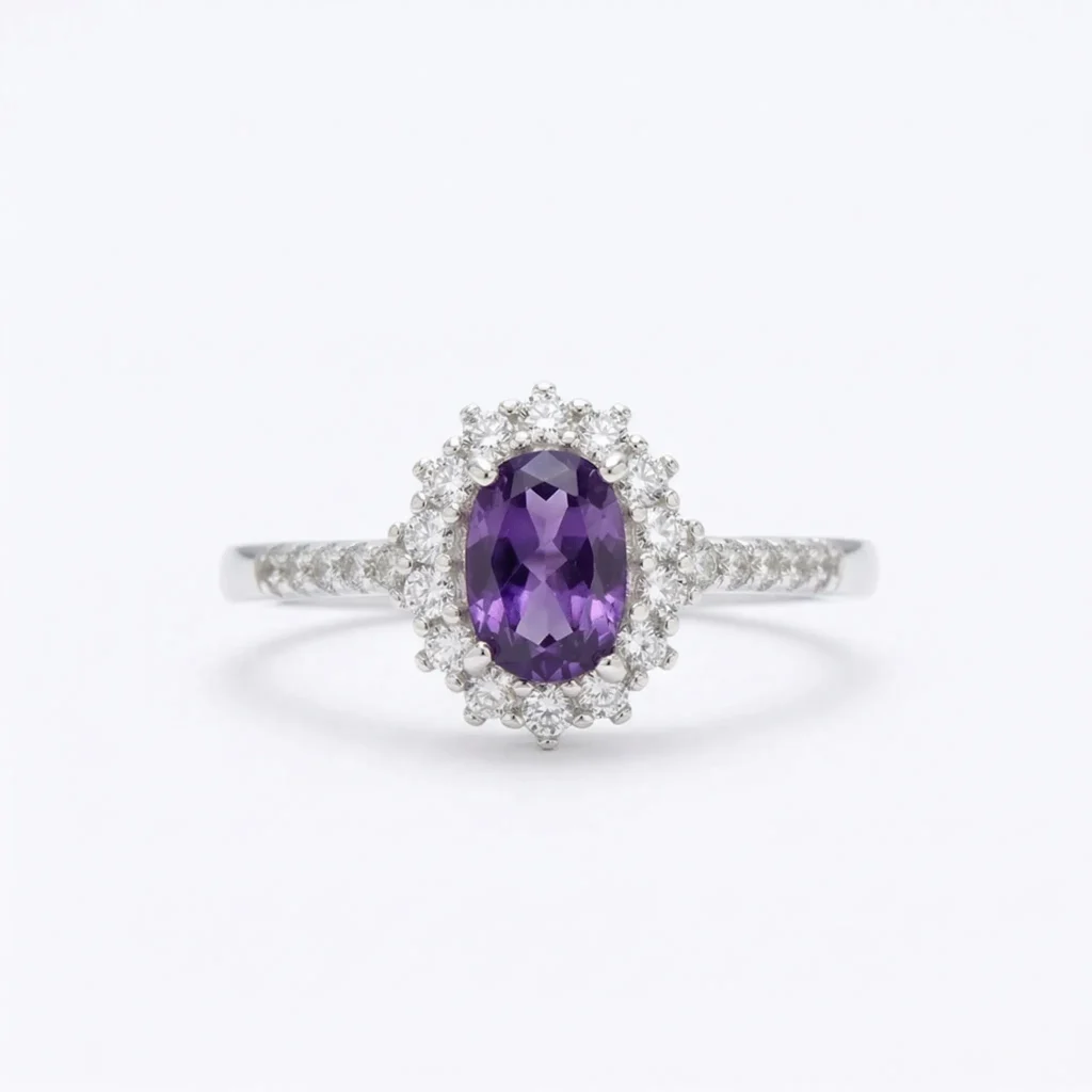 Stunning Natural Amethyst Healing Ring featuring a pear-cut teardrop gemstone in a micro-pave 925 silver halo setting.
