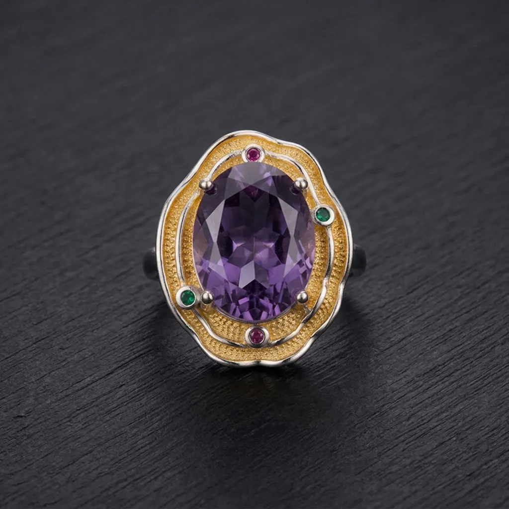Massive Siberian Grade natural amethyst statement ring featuring a heavy-duty reinforced 925 sterling silver adjustable band.