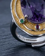 Massive Siberian Grade natural amethyst statement ring featuring a heavy-duty reinforced 925 sterling silver adjustable band.