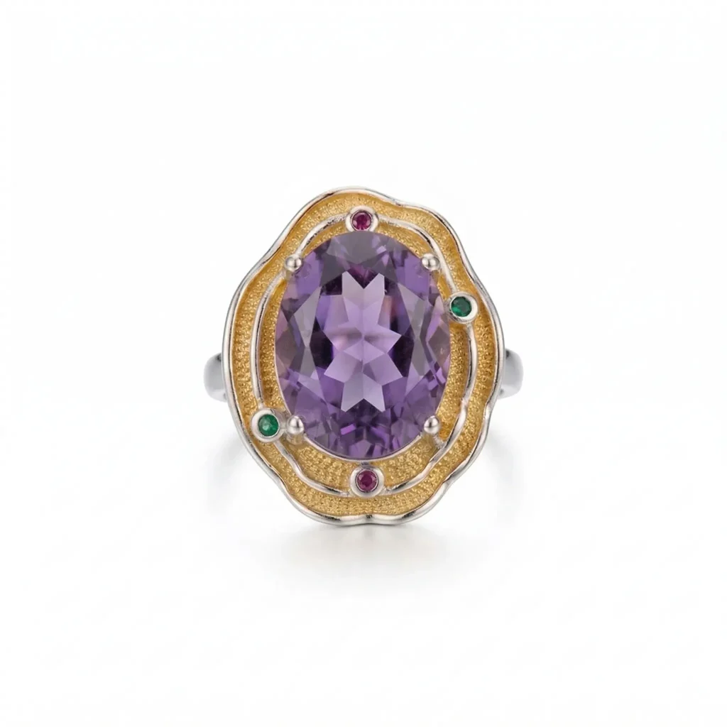 Massive Siberian Grade natural amethyst statement ring featuring a heavy-duty reinforced 925 sterling silver adjustable band.