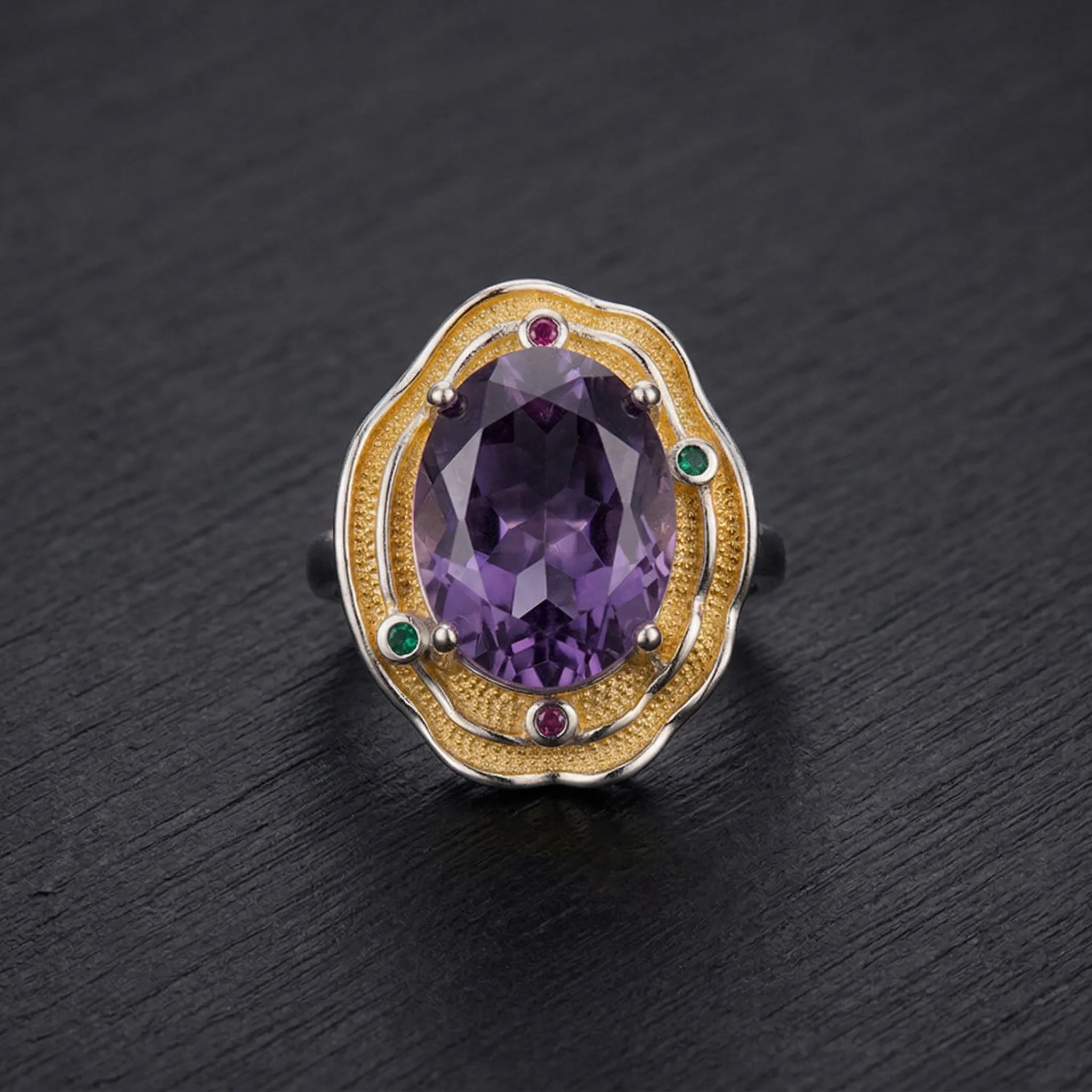 Massive Siberian Grade natural amethyst statement ring featuring a heavy-duty reinforced 925 sterling silver adjustable band.