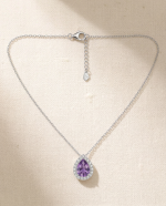 Radiant Drop Amethyst Halo Necklace in 925 Sterling Silver