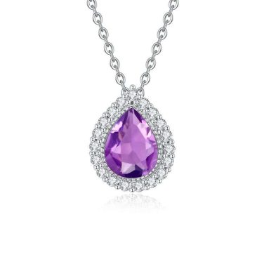 Radiant Drop Amethyst Halo Necklace in 925 Sterling Silver