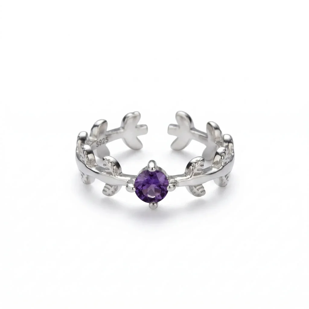 Deep royal purple natural amethyst solitaire ring featuring a classic four-prong 925 sterling silver adjustable setting.