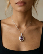 Stellar Aurora Millennium Cut Amethyst Halo Necklace in 925 Silver