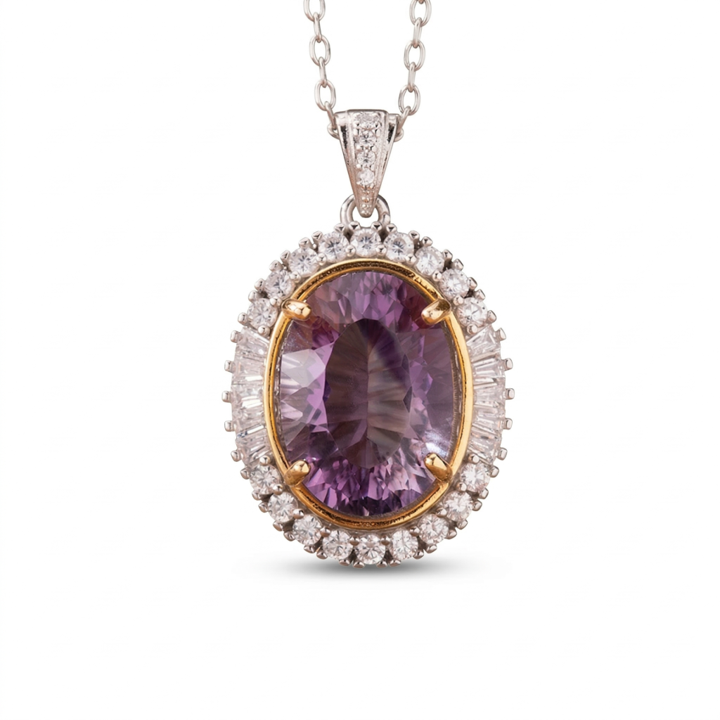 Stellar Aurora Millennium Cut Amethyst Halo Necklace in 925 Silver