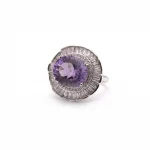 High-End Amethyst Ring 'The Empress' showing the massive AAA Siberian gemstone in a vintage S925 silver setting on a dark reflective surface.