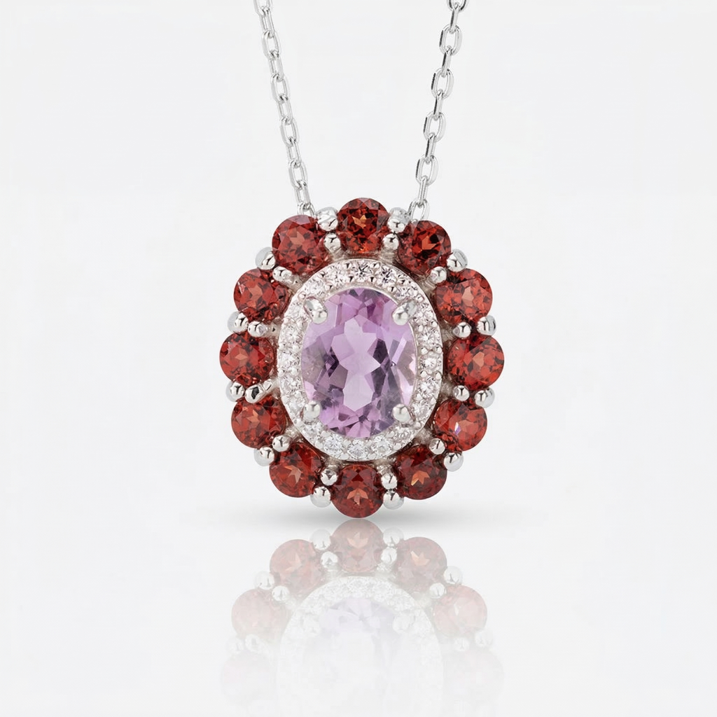 Velvet Dahlia Amethyst & Garnet Floral Necklace in 925 Silver