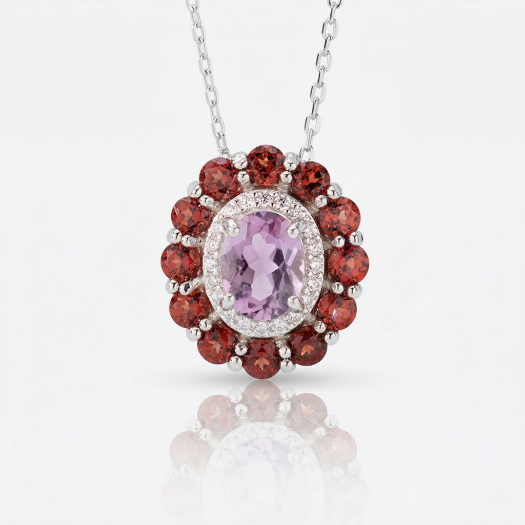 Velvet Dahlia Amethyst & Garnet Floral Necklace in 925 Silver