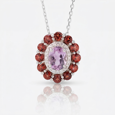 Velvet Dahlia Amethyst & Garnet Floral Necklace in 925 Silver