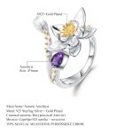Technical specifications for the Zenith Lotus Amethyst Ring, detailing the 4x6mm natural amethyst and S925 sterling silver materials.