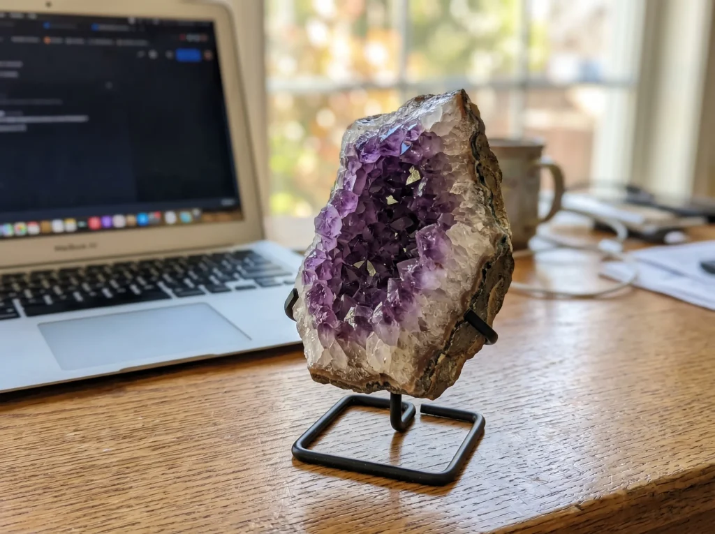 amethyst crystal for anxiety — small raw cluster used as a visual reset on a wooden desk beside a laptop