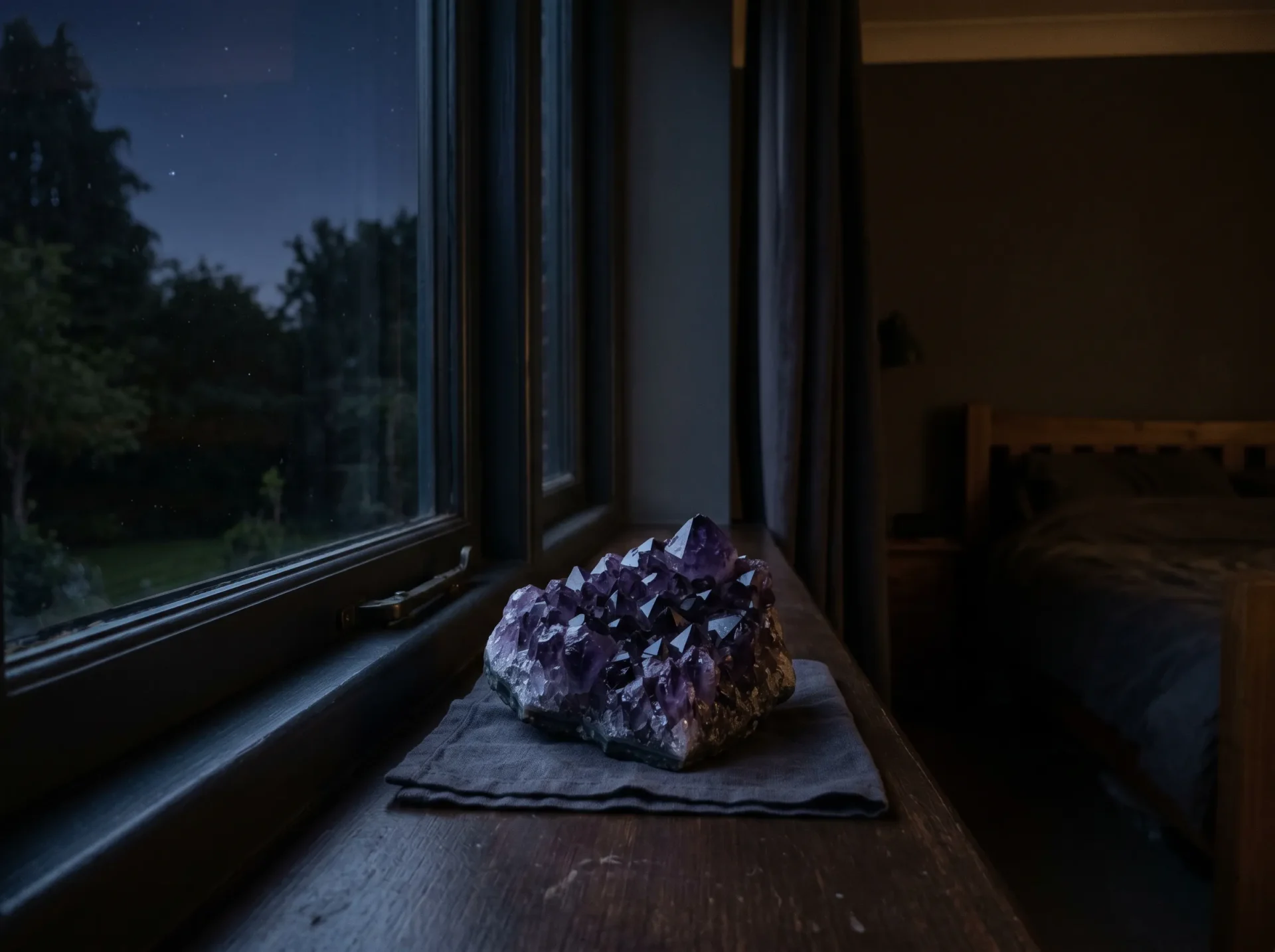 amethyst cleansing alternatives — crystal on windowsill in moonlight — safe moonlight cleansing method