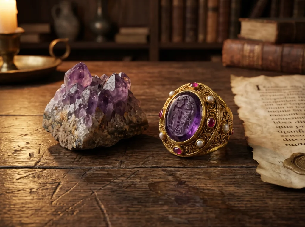 amethyst birthstone history — ancient Greek amethystos stone and a medieval European bishop's gold ring