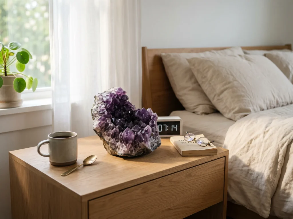Raw Uruguayan amethyst cluster acting as a February birthstone on a quiet bedside table.