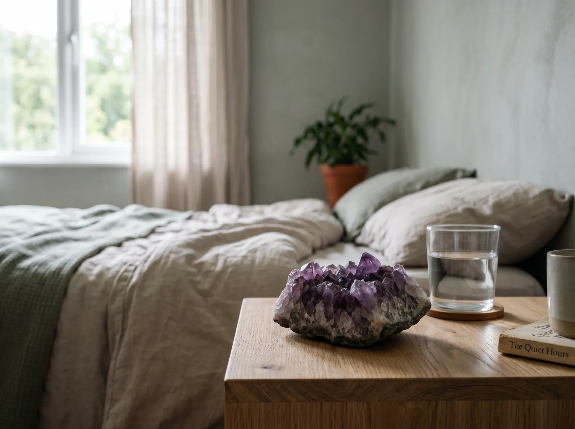 amethyst for anxiety — raw purple cluster on a nightstand in soft natural light