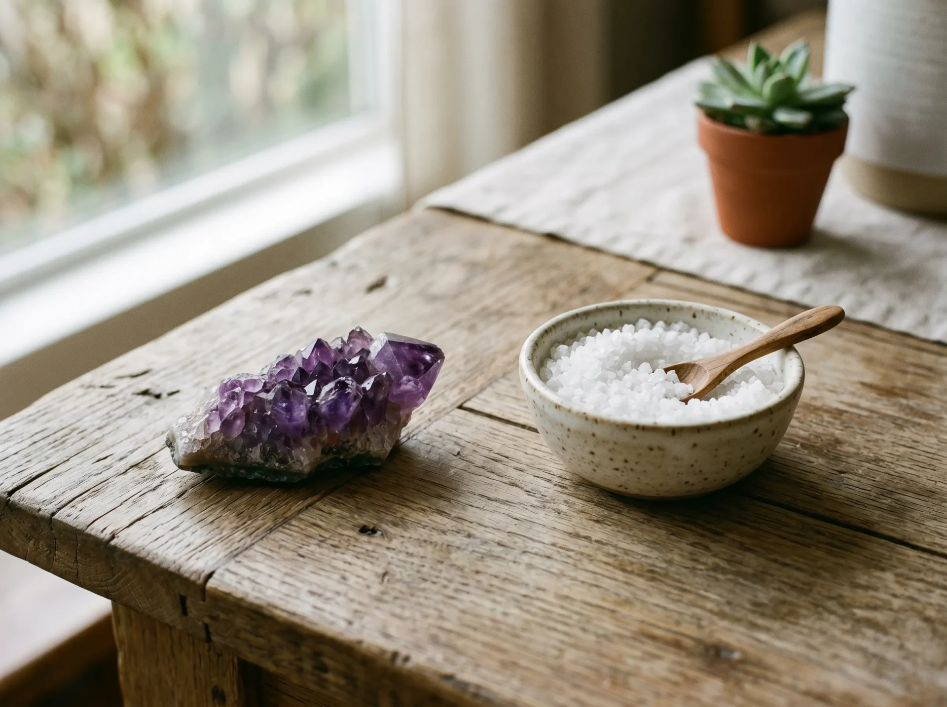 can amethyst go in salt water — amethyst crystal next to salt bowl — salt water cleansing risk