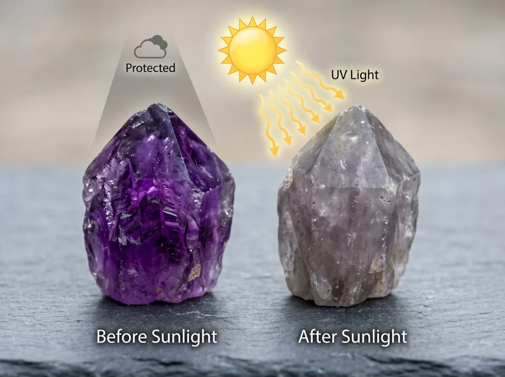 amethyst care — visual warning: keep amethyst away from direct sunlight to prevent UV fading