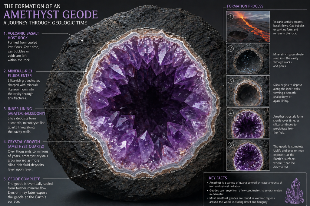 Cross-section diagram showing natural amethyst crystal formation inside a volcanic basalt geode cavity over geological time.