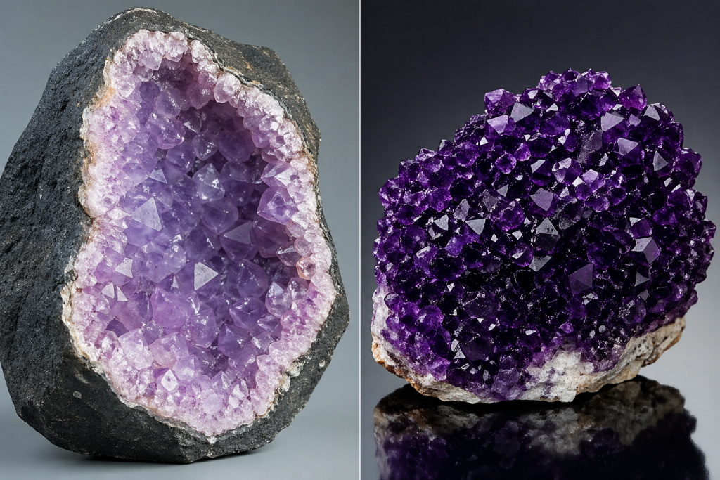 Split comparison showing a pale lavender Brazilian amethyst geode next to a deep purple Uruguayan amethyst cluster, illustrating where amethyst comes from.