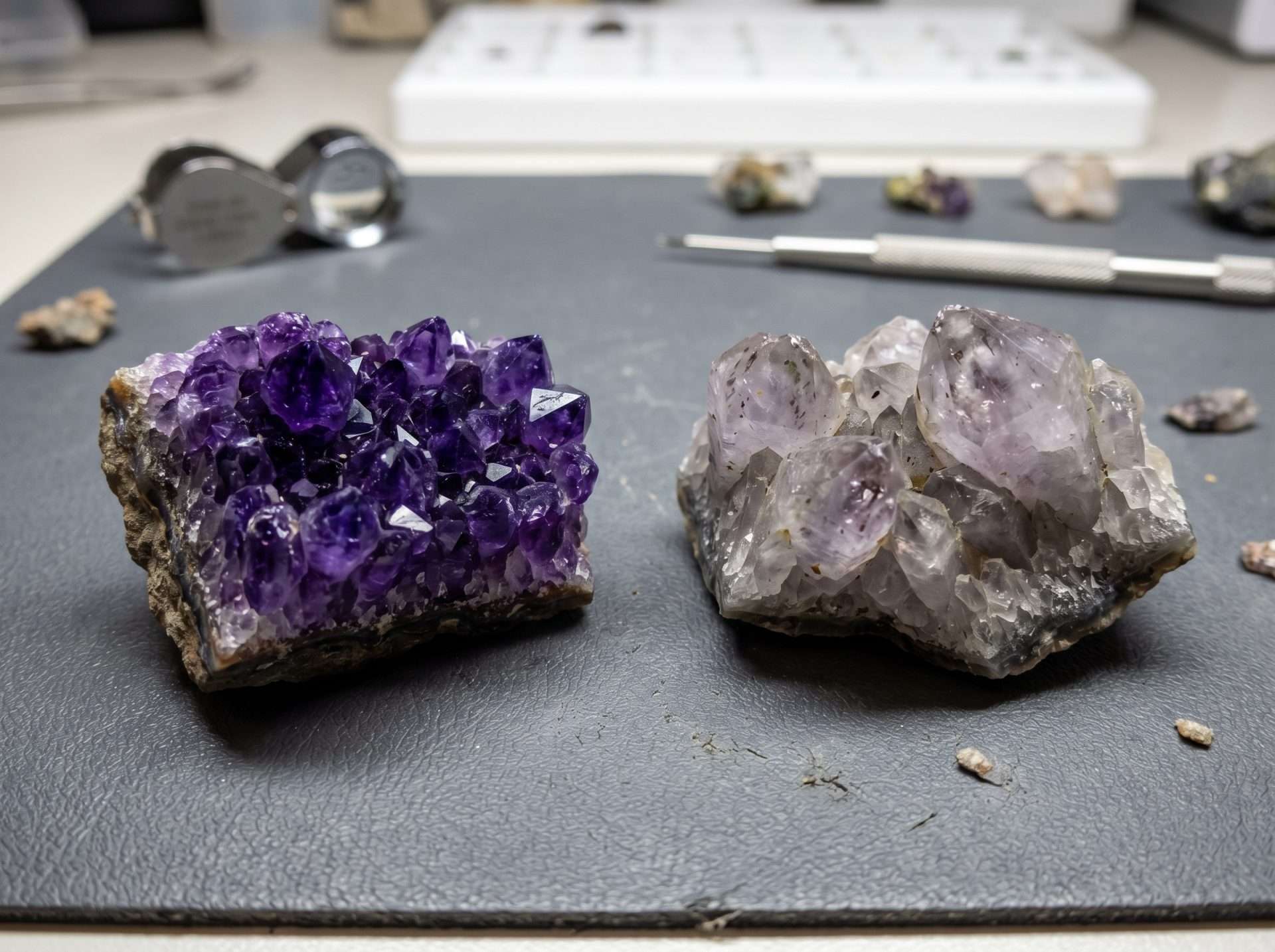 Color comparison between a deep purple Uruguayan amethyst cluster and a pale lavender Brazilian specimen under bright lighting.