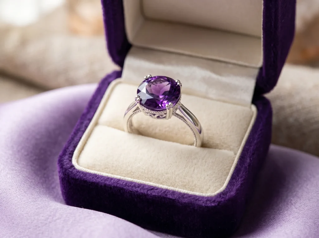 february birthstone jewelry — natural amethyst 925 sterling silver ring in a velvet gift box