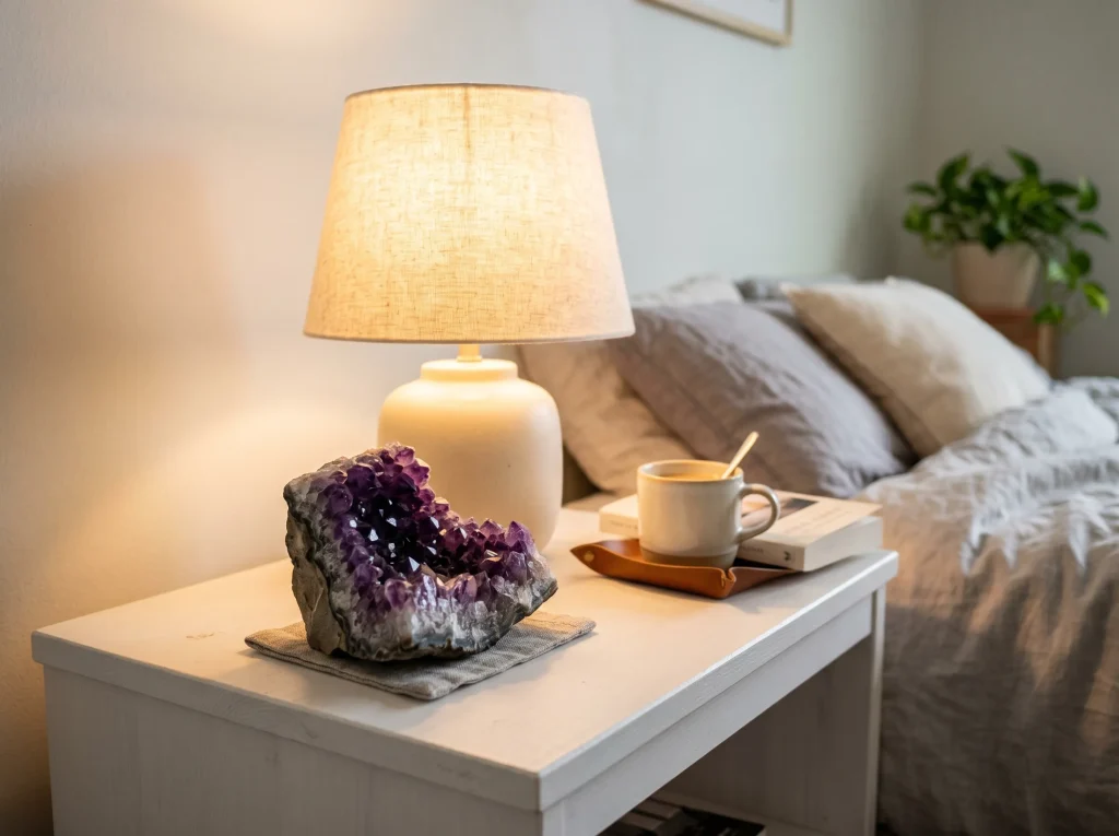 amethyst for sleep — small geode on white nightstand beside lamp — bedroom placement guide