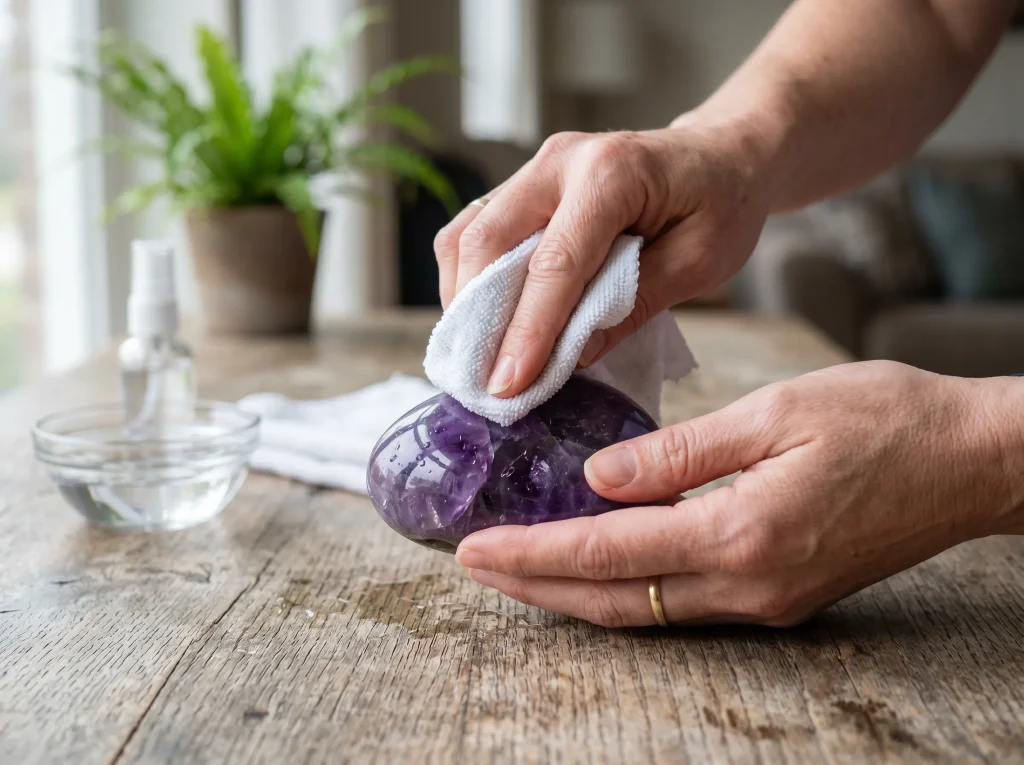 cleaning amethyst crystal with water — soft cloth wiping amethyst surface — safe physical cleaning method
