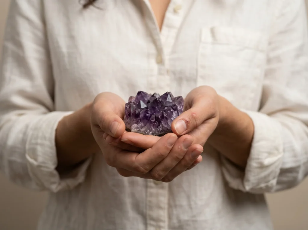 amethyst meaning spiritual — Zerevia founder holding raw Uruguayan amethyst cluster