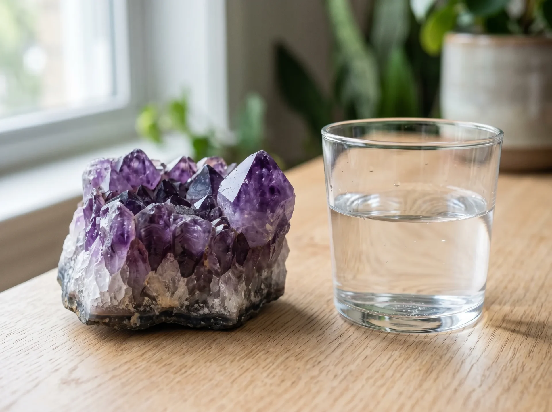 can amethyst go in water — amethyst cluster beside glass of water on white surface — water safety guide