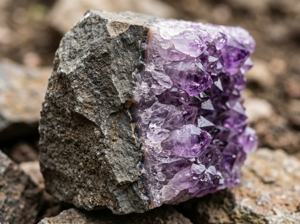 Raw amethyst geode fragment displaying the authentic basalt host rock matrix.