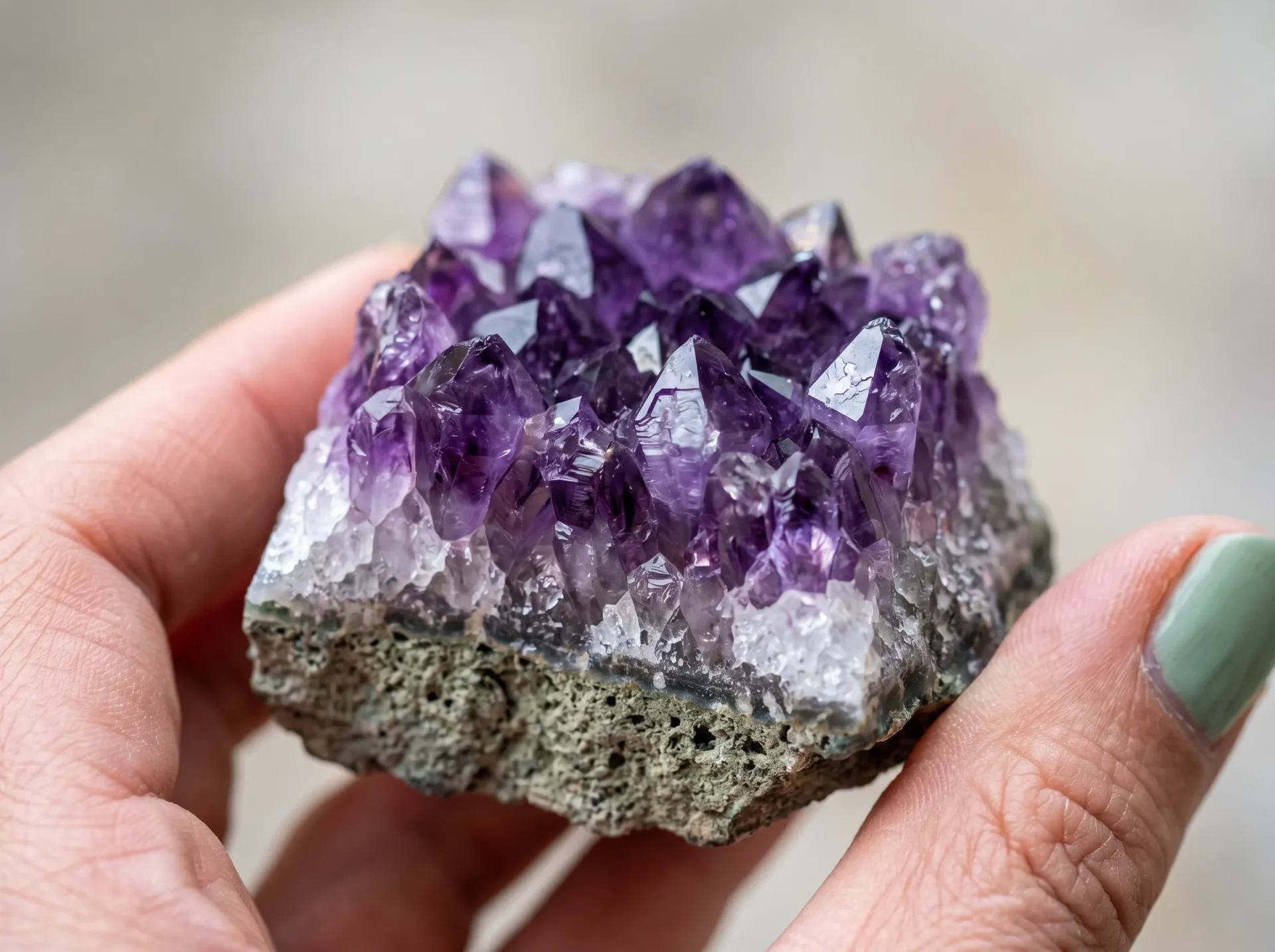 amethyst spiritual meaning — deep purple raw cluster on wooden surface, natural light